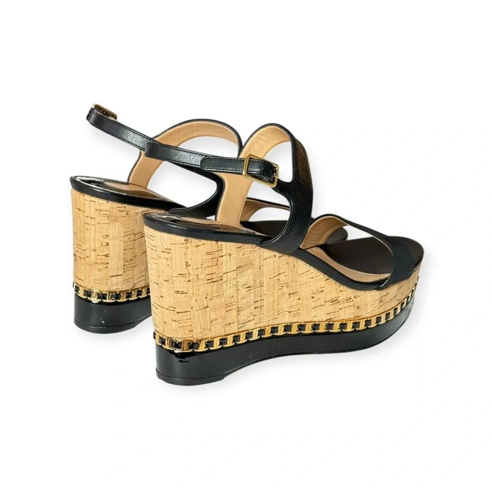 Salvatore Ferragamo ꔘ Mollie Chain Platform Wedge Sandals ꔘ Black Leather ꔘ 9.5B